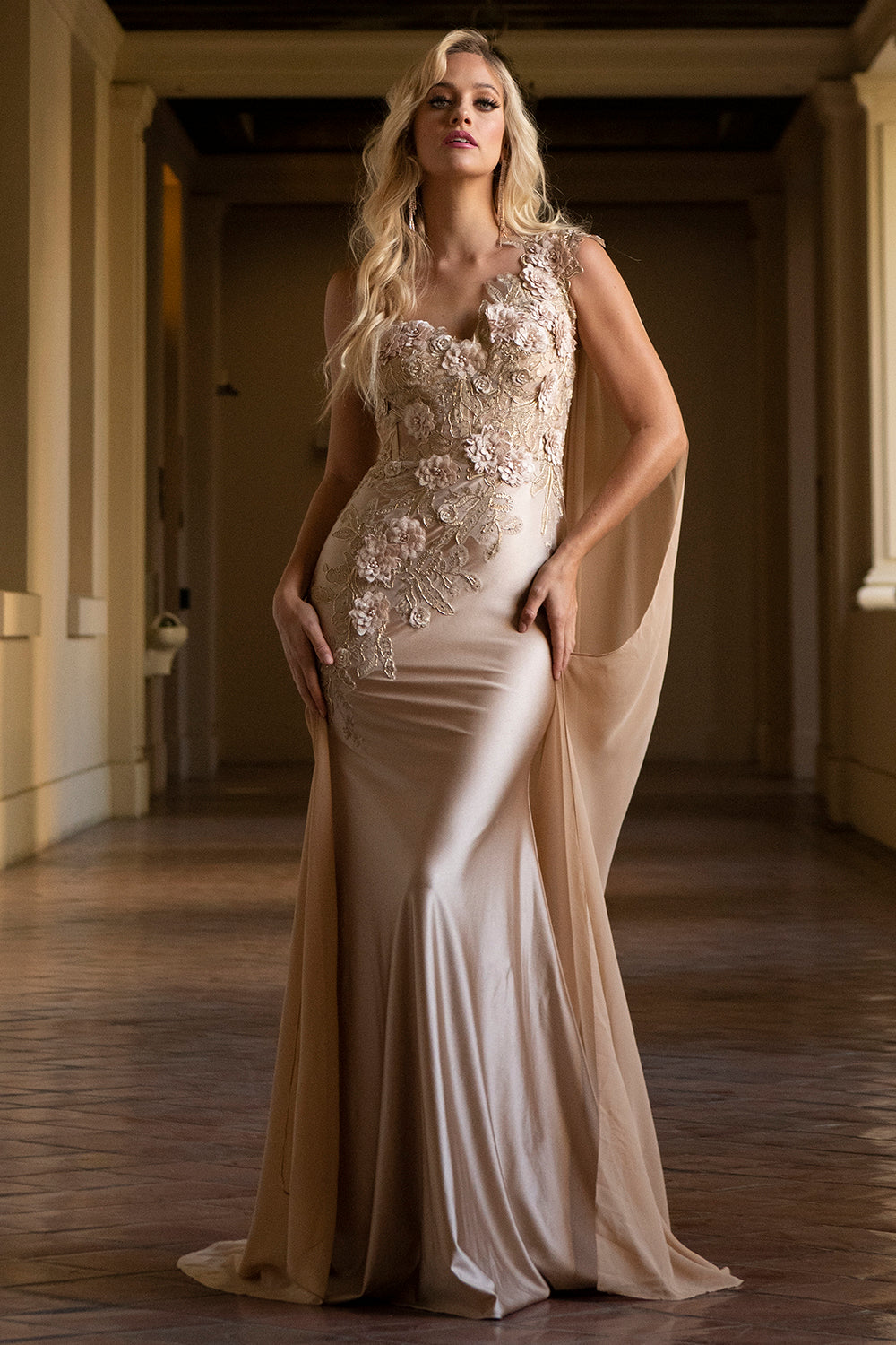 Strap One Shoulder 3D Floral Applique Mermaid Long Evening & Prom Dress AC388