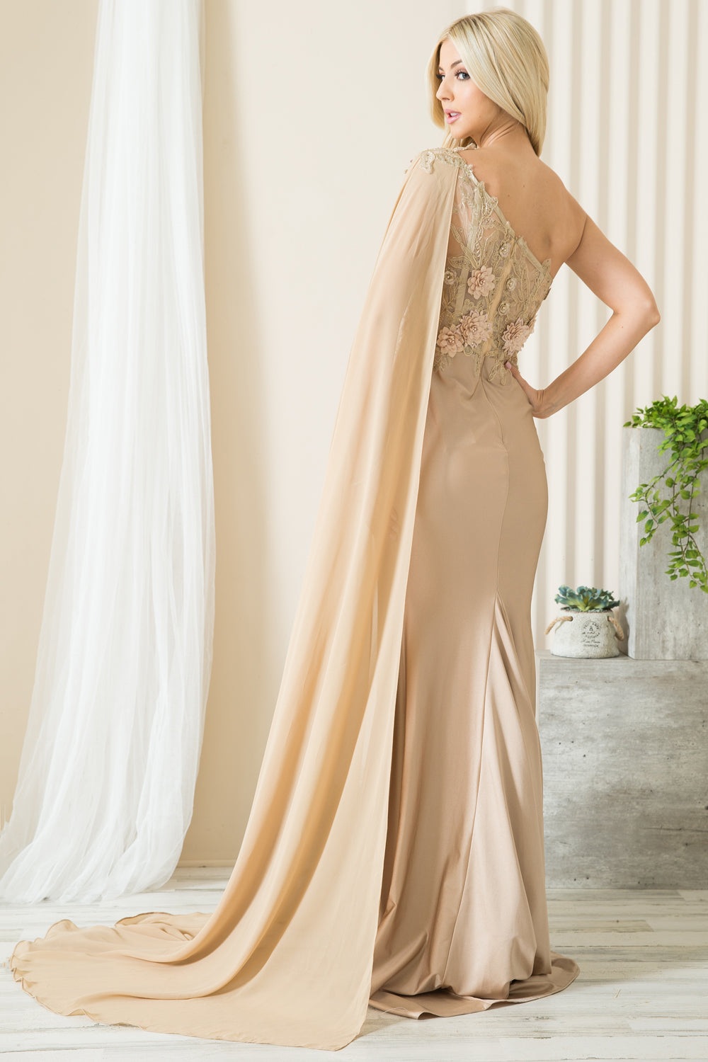 Strap One Shoulder 3D Floral Applique Mermaid Long Evening & Prom Dress AC388