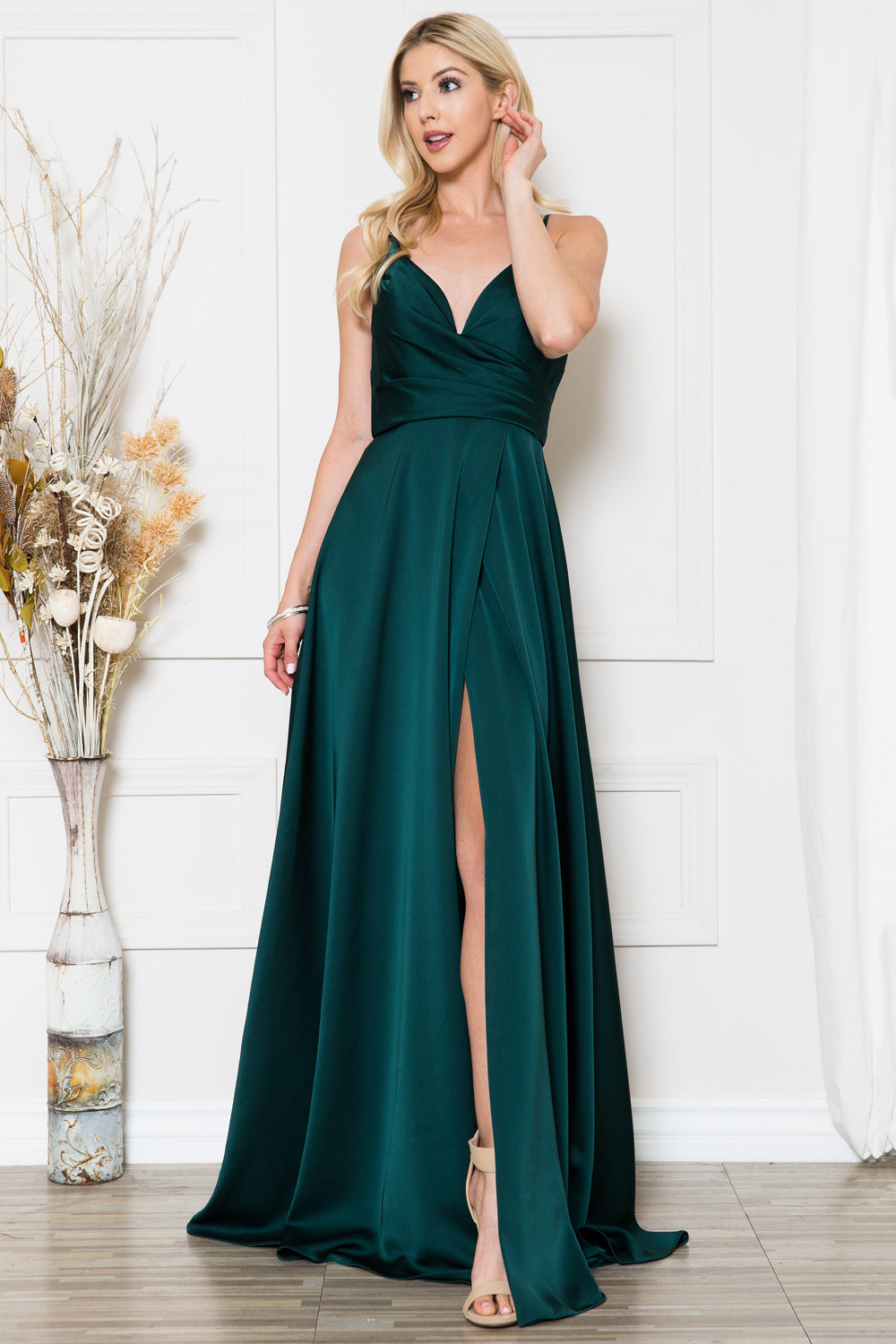 Open V-Back Spaghetti Straps High Slit Saton Long Prom Dress ACBZ012