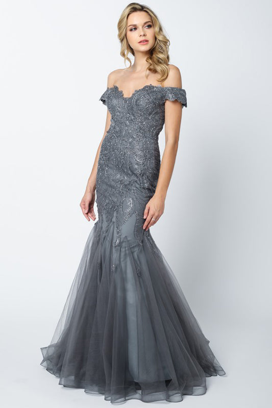 Embellished Lace Off Shoulder Mermaid Long Prom Dress