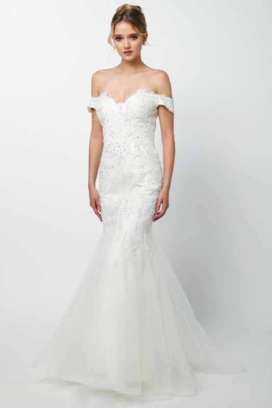 Embellished Lace Off Shoulder Mermaid Long Prom Dress