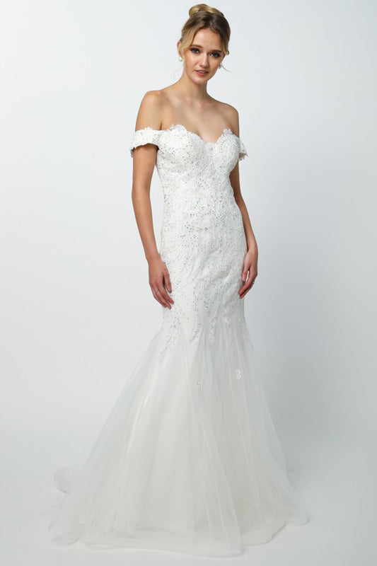 Embellished Lace Off Shoulder Mermaid Long Prom Dress