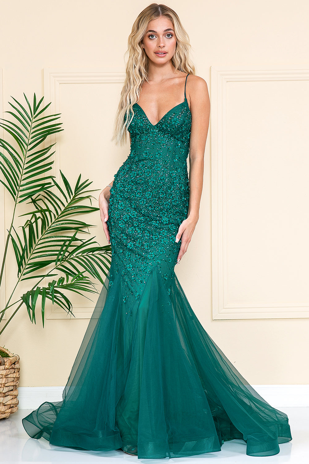 Mermaid Tulle Skirt Embroidered Lace Long Prom Dress ACSU066