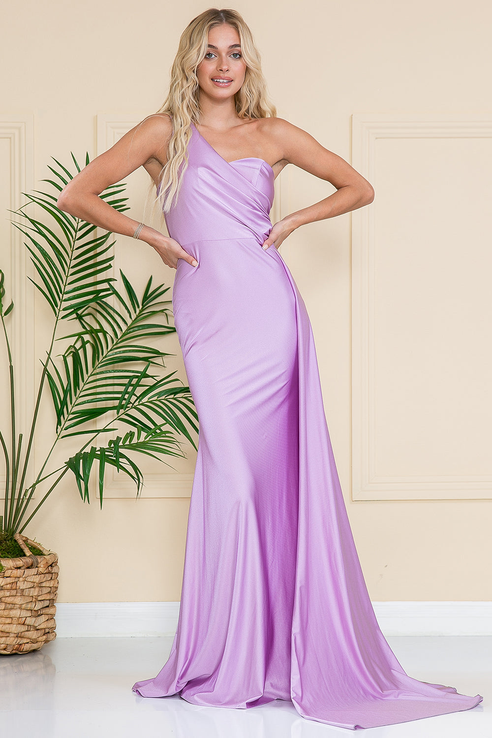 One Shoulder Fit & Flare Lycra Eleganr Side Cape Long Prom Dress AC387