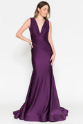 Sleeveless Fit & Flare Lycra Ruched Waist Plunge Neck Long Prom Dress AC370-1