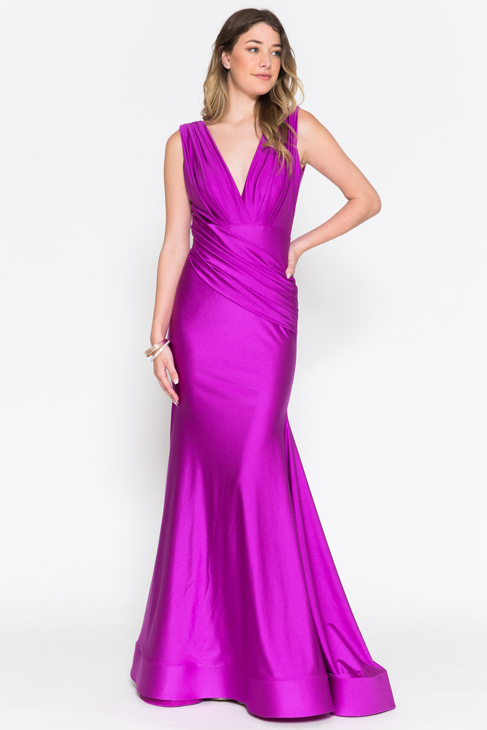 Sleeveless Fit & Flare Lycra Ruched Waist Plunge Neck Long Prom Dress AC370-1
