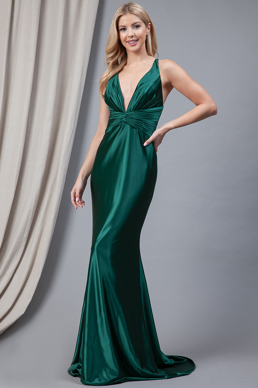 Satin Open Criss Cross Back Long Prom Dress AC5039