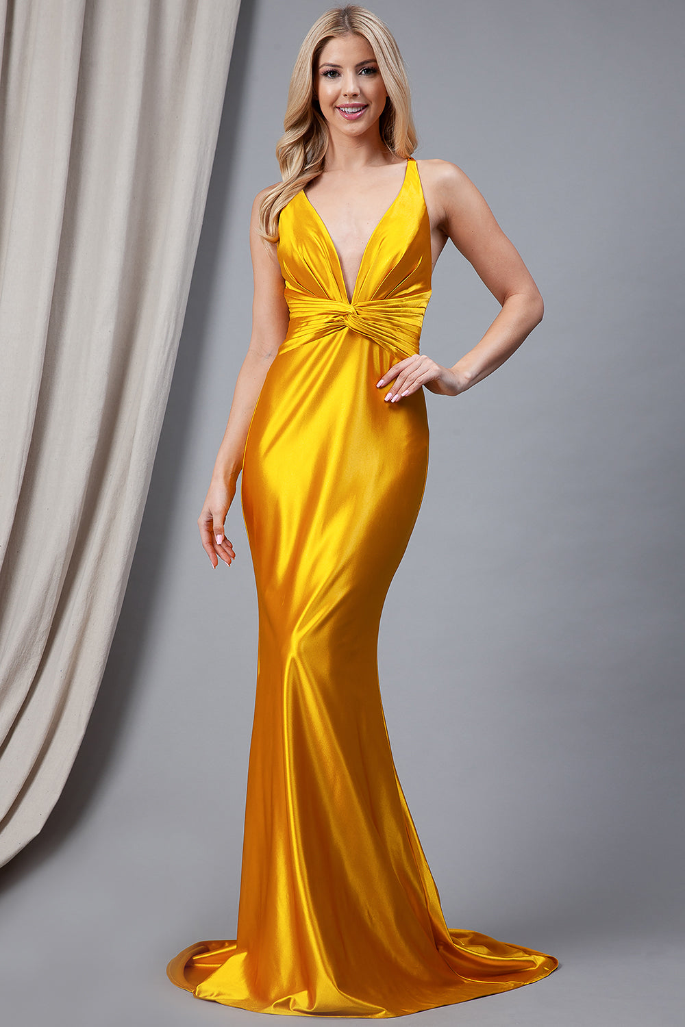 Satin Open Criss Cross Back Long Prom Dress AC5039