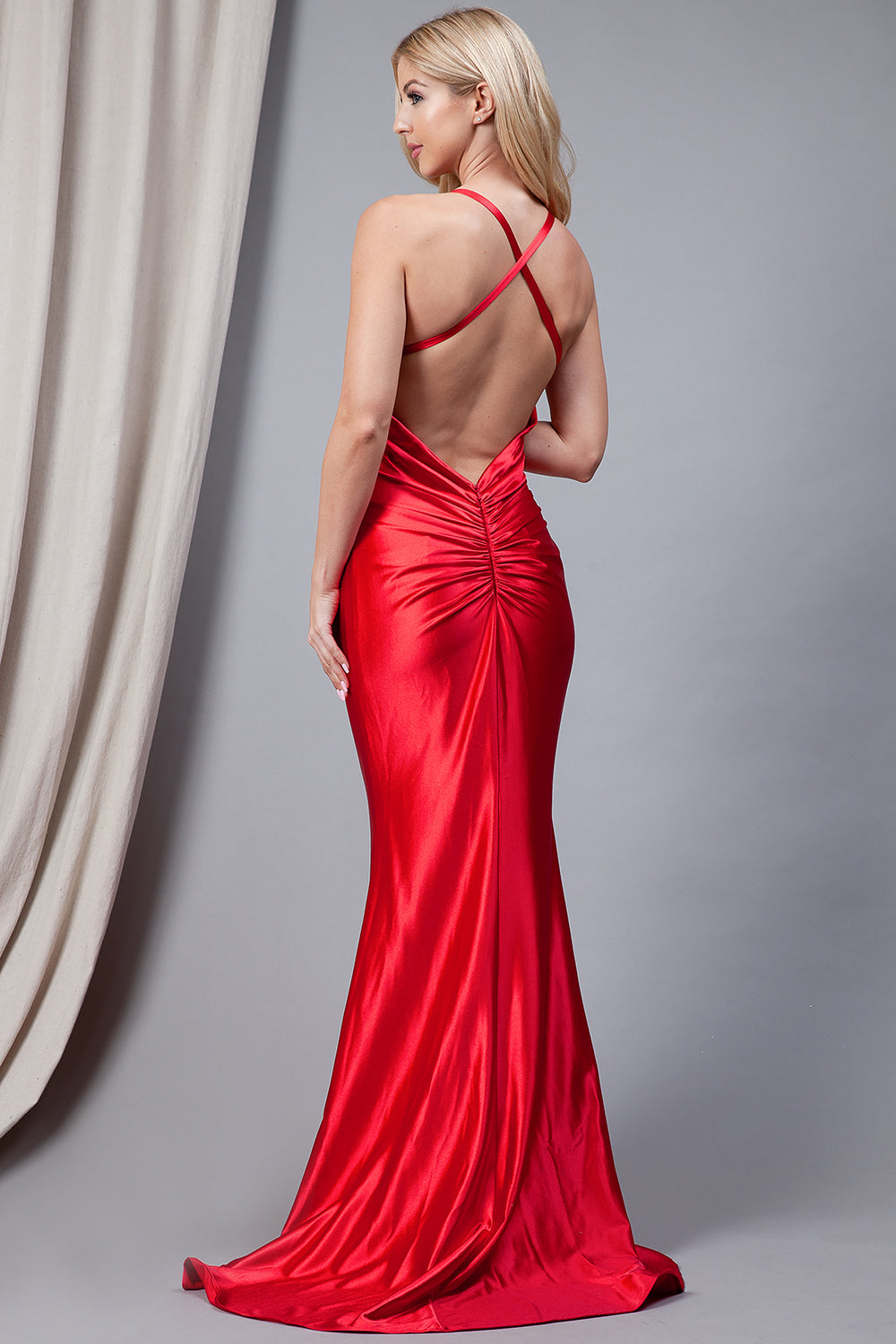 Satin Open Criss Cross Back Long Prom Dress AC5039