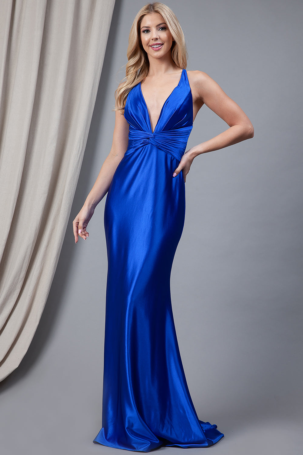 Satin Open Criss Cross Back Long Prom Dress AC5039