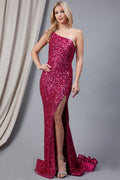 Embroidered Sequins One Shoulder Back Detailed Long Prom Dress AC7023