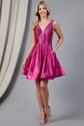 Illusion Deep V-Neck Satin Short Cocktail Dress ACBZ021S