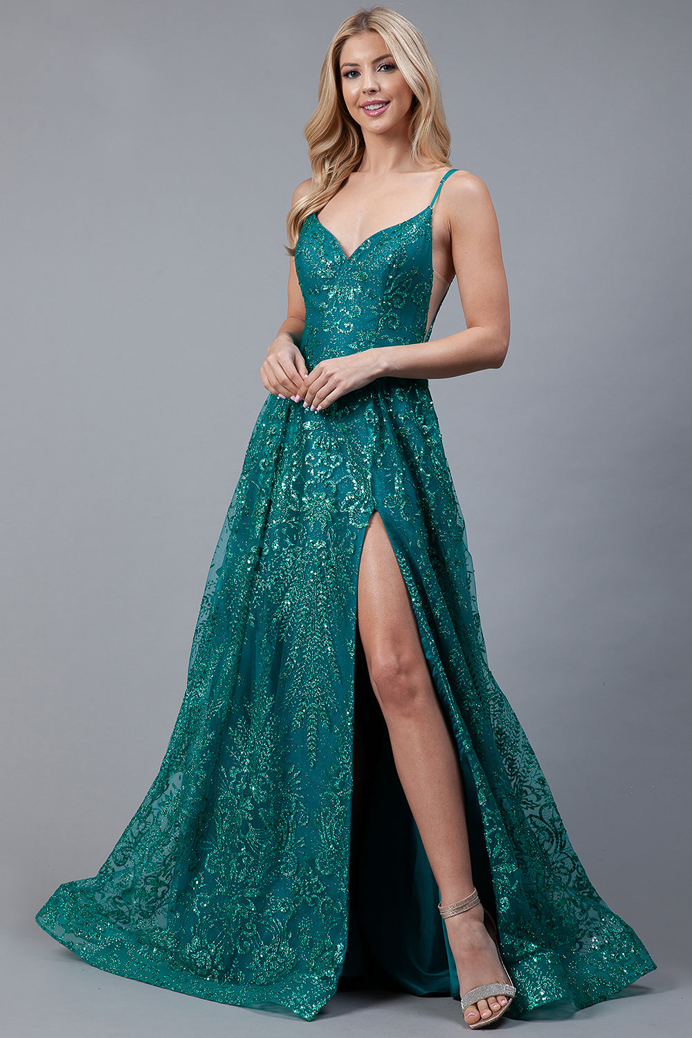 Glitter Embroidererd Lace Side Slit Open V-Back Long Prom Dress ACEL010
