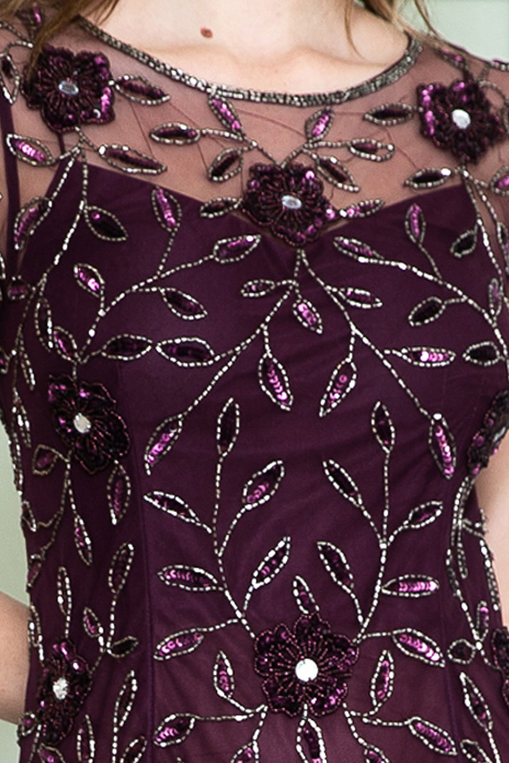 Embroidered Bodice Illusion Short Sleeves Long Mother Of The Bride Dress ACIN002 Sale