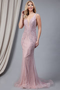 Illusion V-Neck Straps All-Over Vertical Rhinetone Pattern Long Prom Dress AC2103