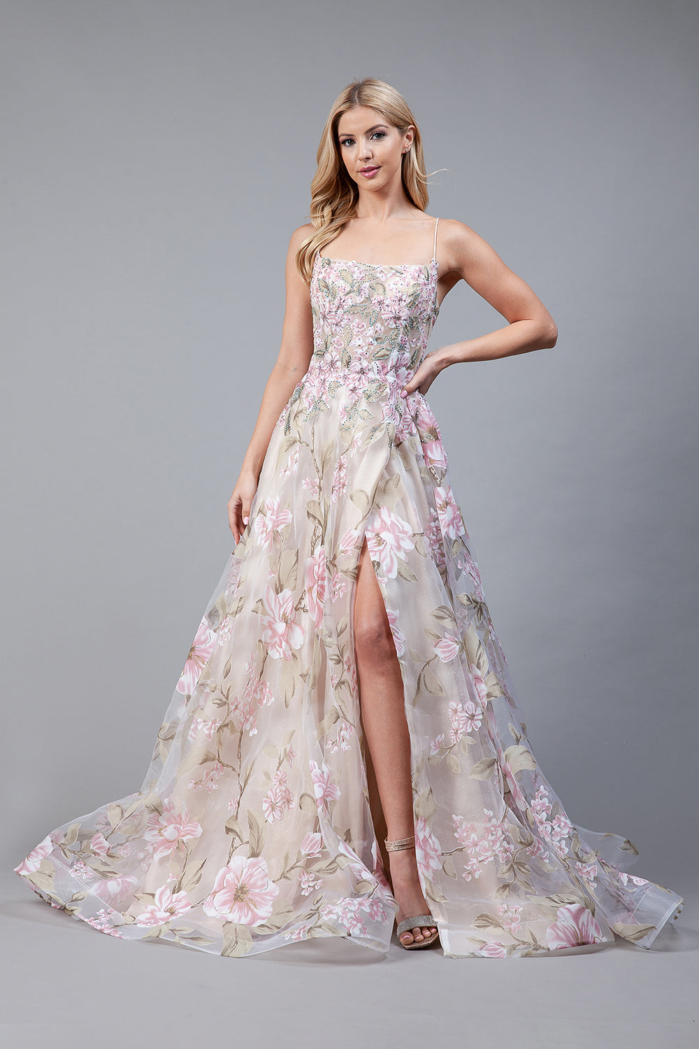 Embroidered Flowers Straight Across Side Slit Long Prom Dress AC2105