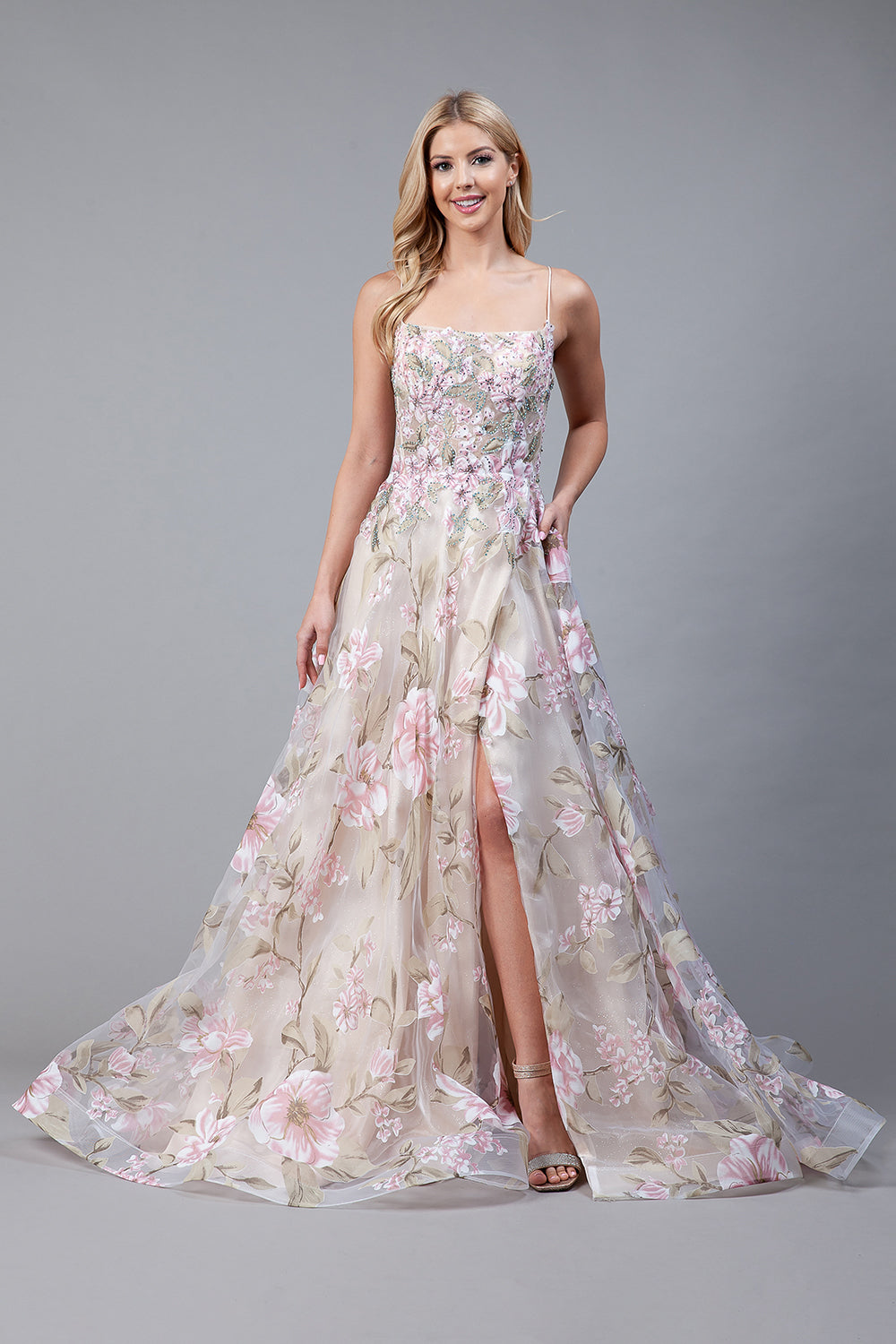 Embroidered Flowers Straight Across Side Slit Long Prom Dress AC2105