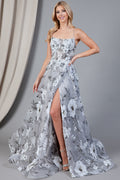 Embroidered Flowers Straight Across Side Slit Long Prom Dress AC2105