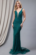 Illusion V-Neck Straps All-Over Vertical Rhinetone Pattern Long Prom Dress AC2103