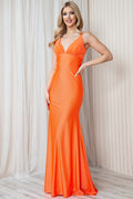 Satin Spaghetti Straps Trumpet V-Neck Detailed Open Back Long Prom Dress ACBZ018