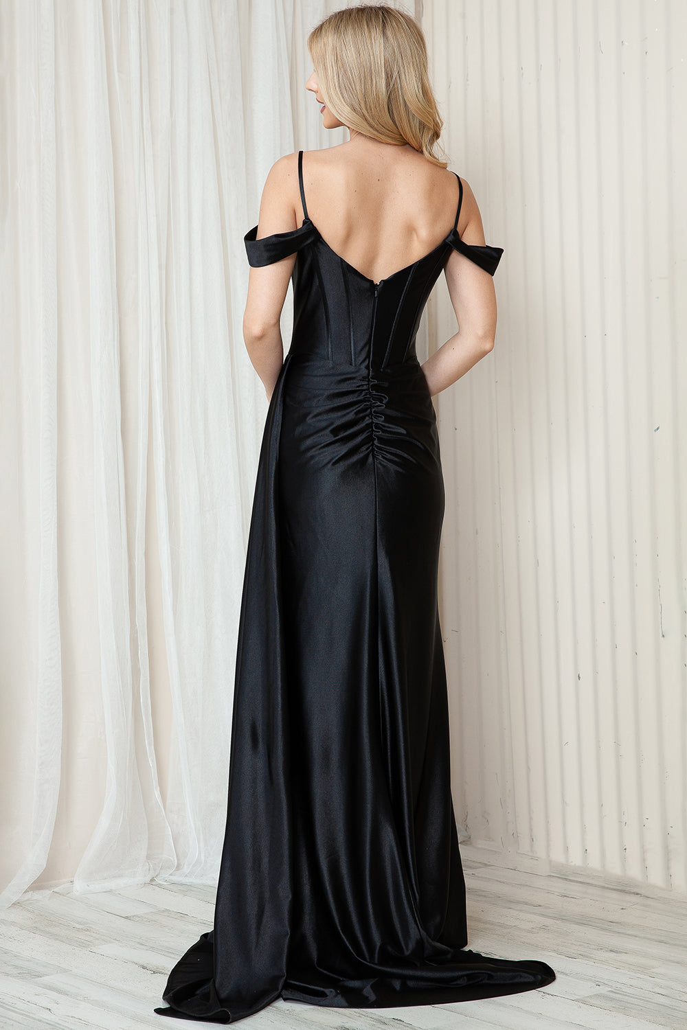 Off Shoulder Satin Side Slit Straps Long Evenin & Prom Dress AC5047