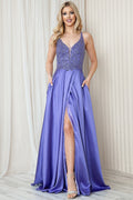 Front Slit Embroidered Bodice Straps Satin Skirt Long Prom Dress AC6120