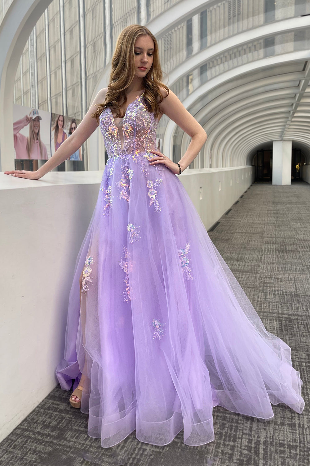 Tulle Skirt Embroidered Lace High Side Slit Long Prom Dress ACTM1003