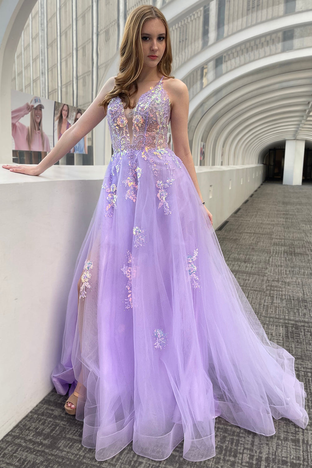 Tulle Skirt Embroidered Lace High Side Slit Long Prom Dress ACTM1003