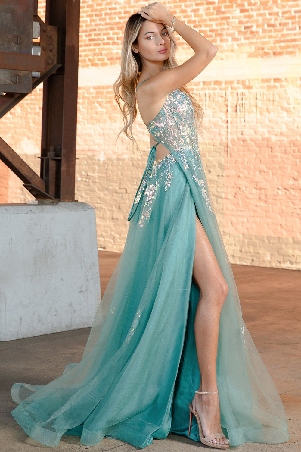 Tulle Skirt Embroidered Lace High Side Slit Long Prom Dress ACTM1003