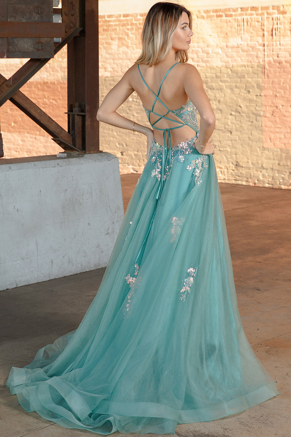 Tulle Skirt Embroidered Lace High Side Slit Long Prom Dress ACTM1003