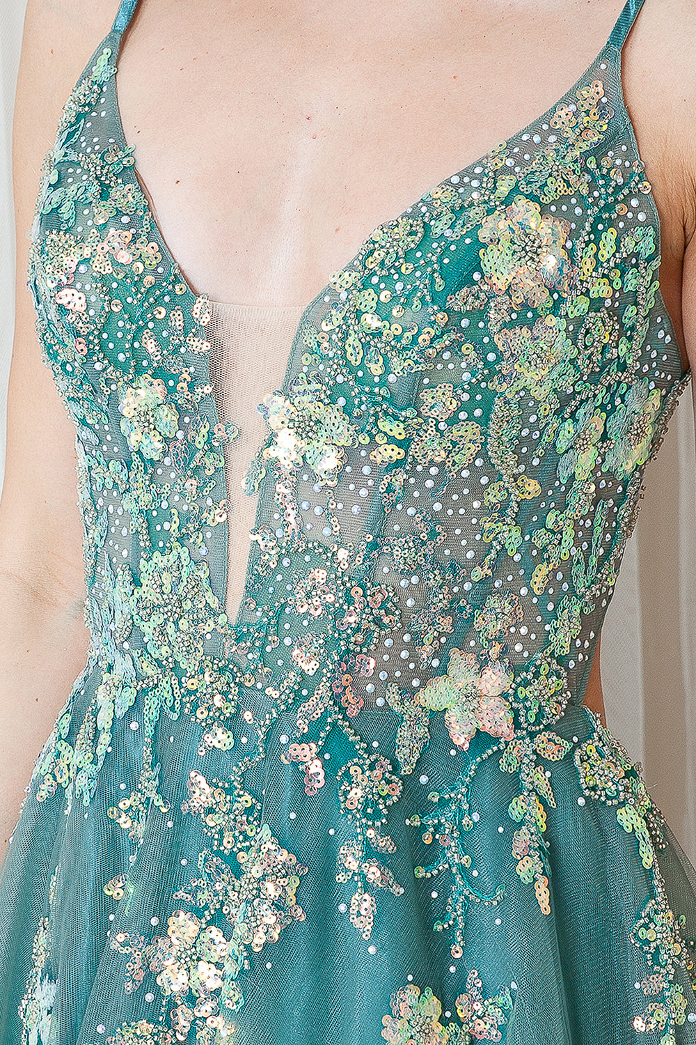 Tulle Skirt Embroidered Lace High Side Slit Long Prom Dress ACTM1003