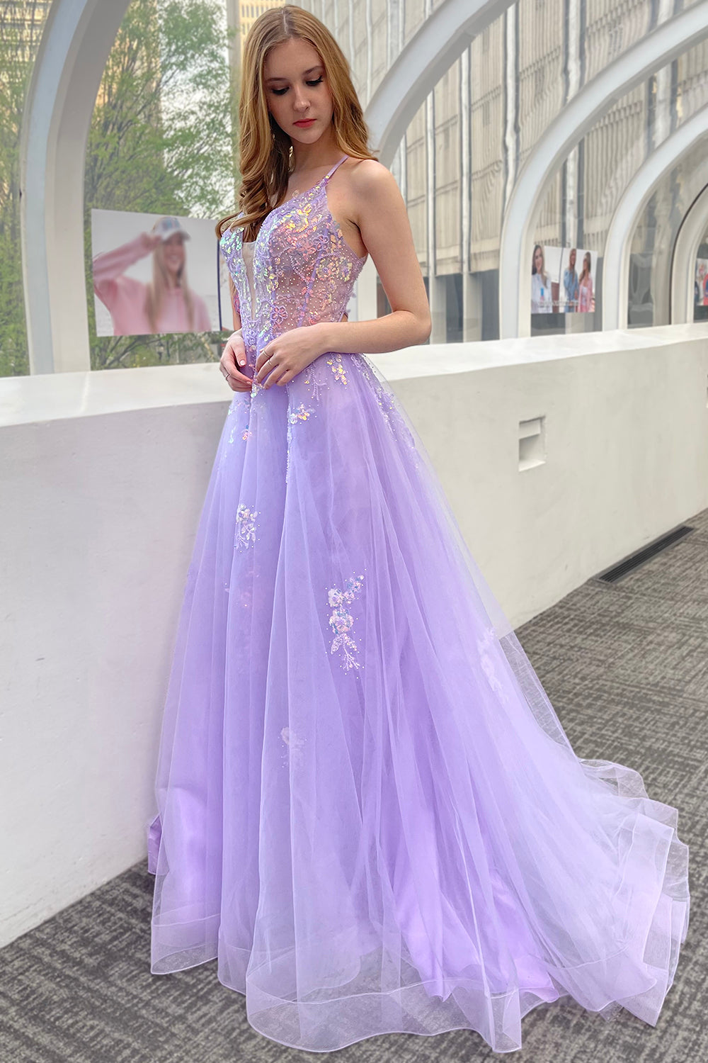 Tulle Skirt Embroidered Lace High Side Slit Long Prom Dress ACTM1003