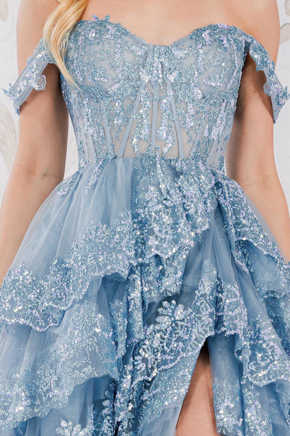 Off Shoulder Embellished Glitter Sweetheart Layered Skirt Long Prom Dress ACTM1012