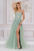 Side Slit Embroidered Lace Open Criss Cross Back Long Prom Dress ACTM1006