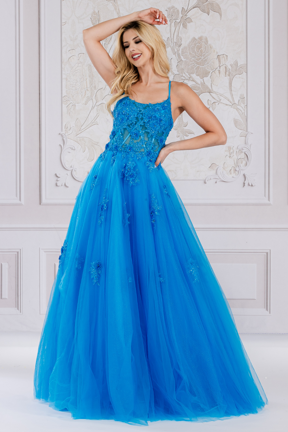 Flower Embroidery Tulle Skirt Boat Neck Long Prom Dress AC7035