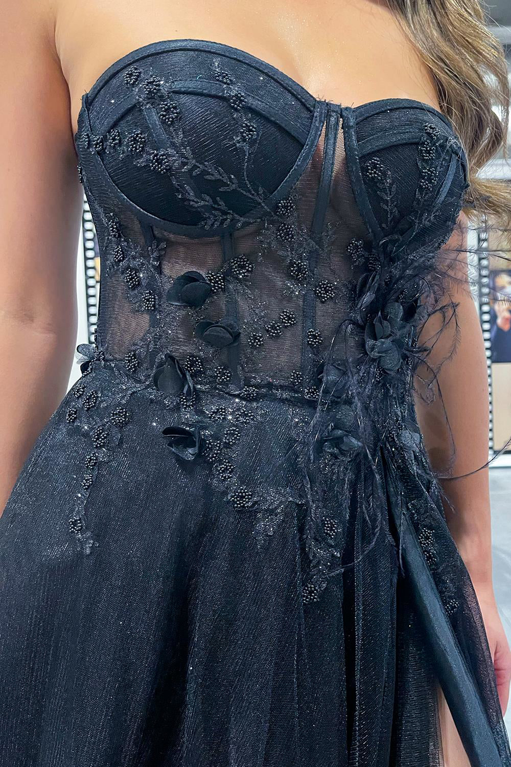 Strapless Embroidered Lace Sheer Bodice Long Prom Dress ACTM1015