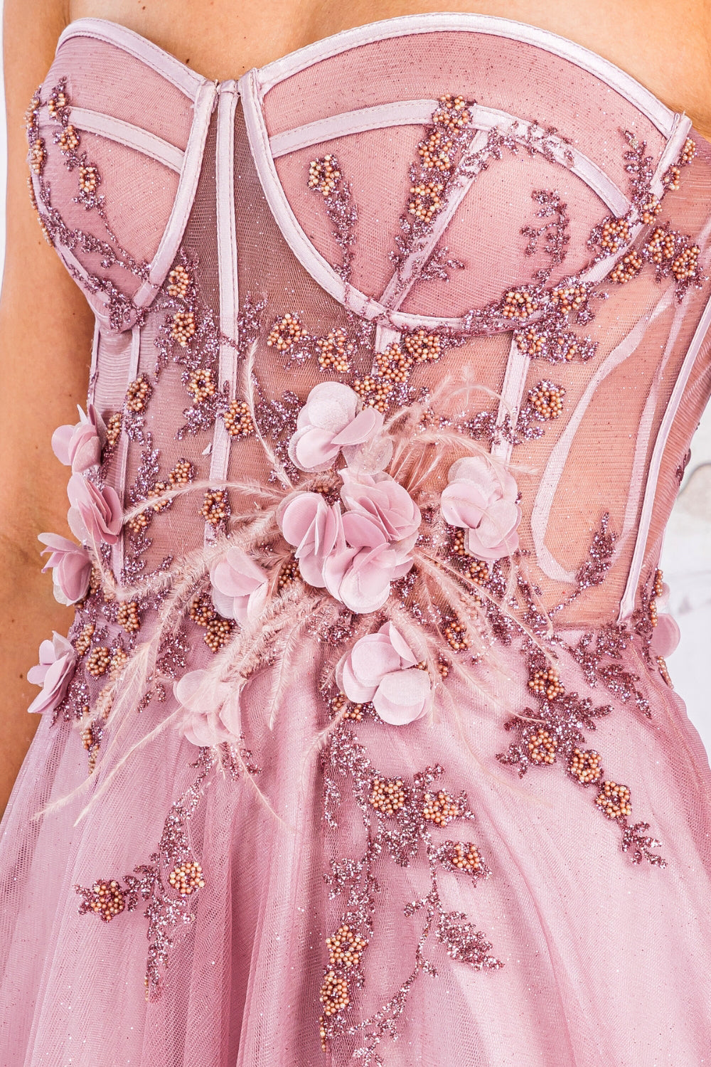 Strapless Embroidered Lace Sheer Bodice Long Prom Dress ACTM1015