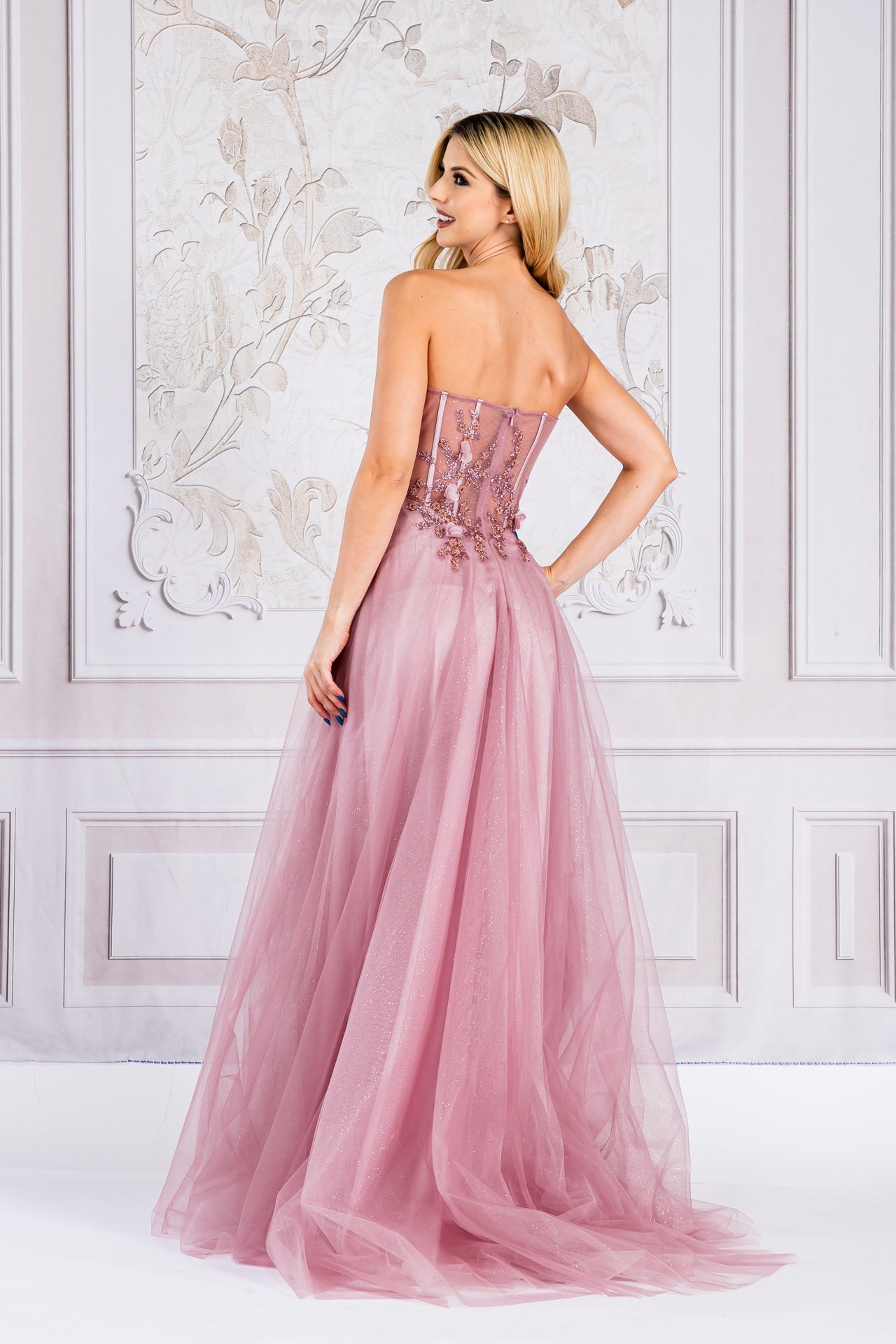 Strapless Embroidered Lace Sheer Bodice Long Prom Dress ACTM1015