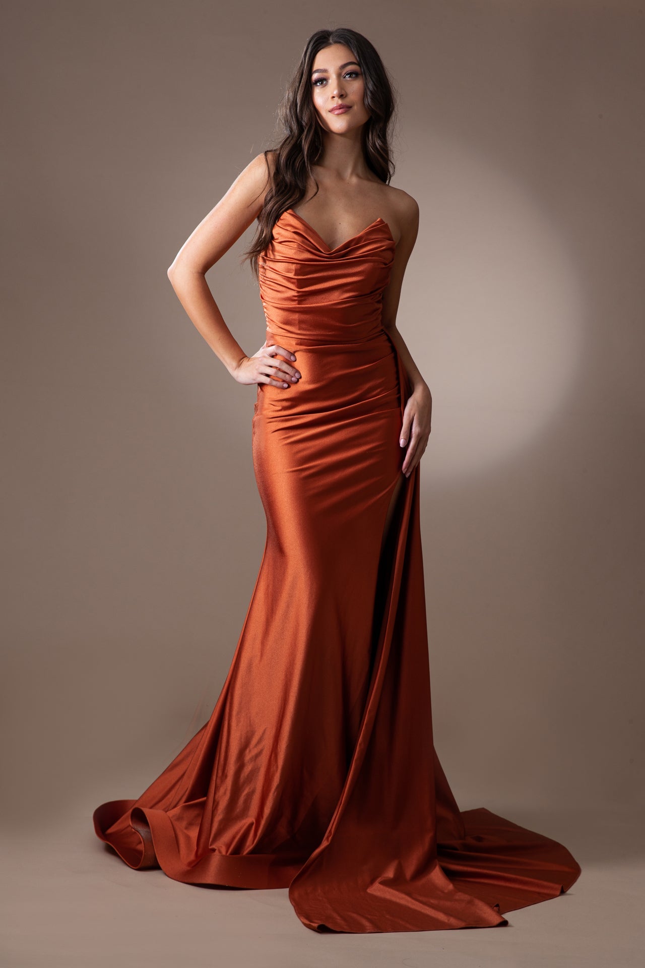 Cowl Neck Side Slit Spaghetti Straps Fitted Long Prom Dress AC3013