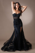 Sheer Embroidered Lace Side Slit Open Back Long Prom Dress AC7051
