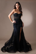 Sheer Embroidered Lace Side Slit Open Back Long Prom Dress AC7051