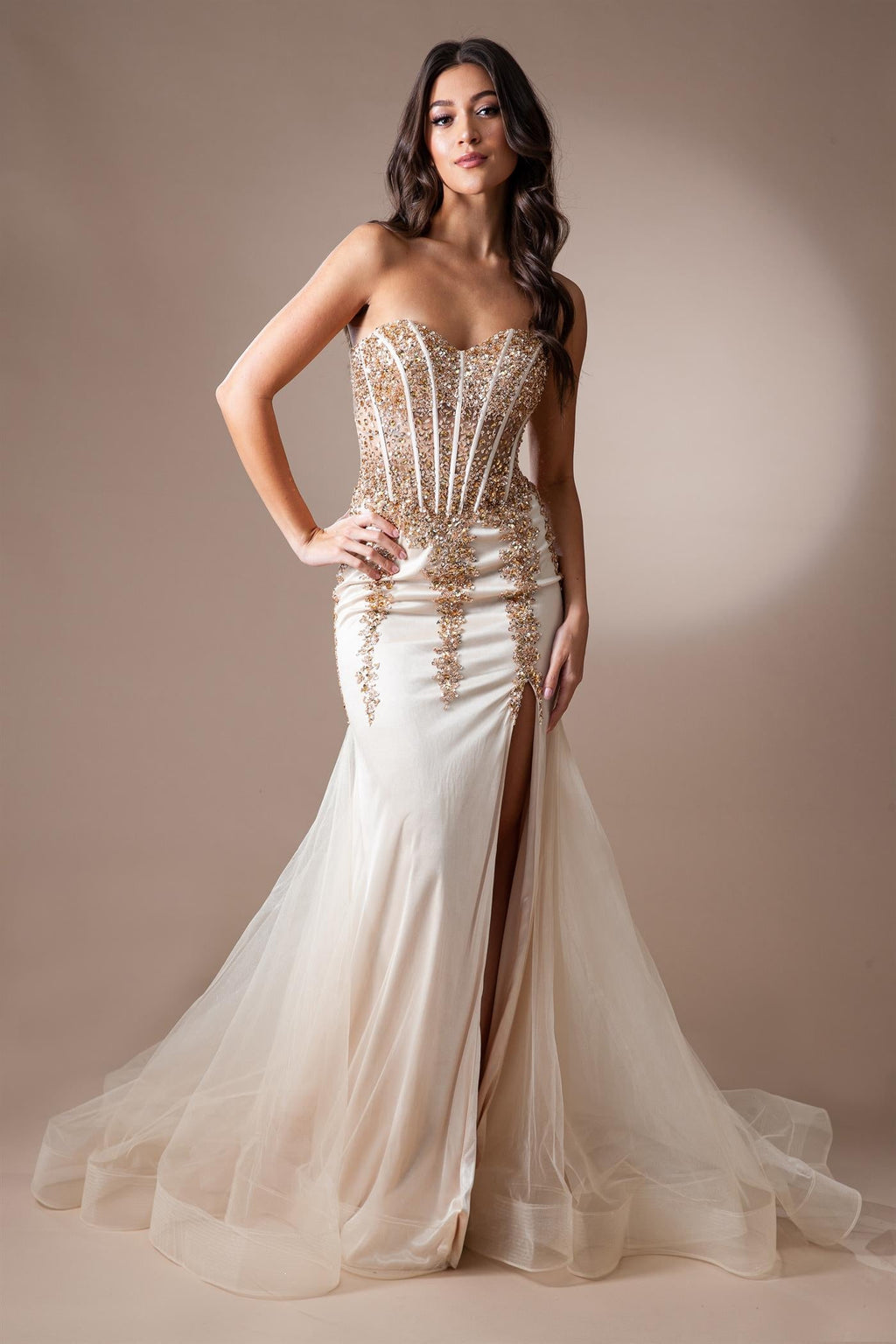 Sheer Embroidered Lace Side Slit Open Back Long Prom Dress AC7051