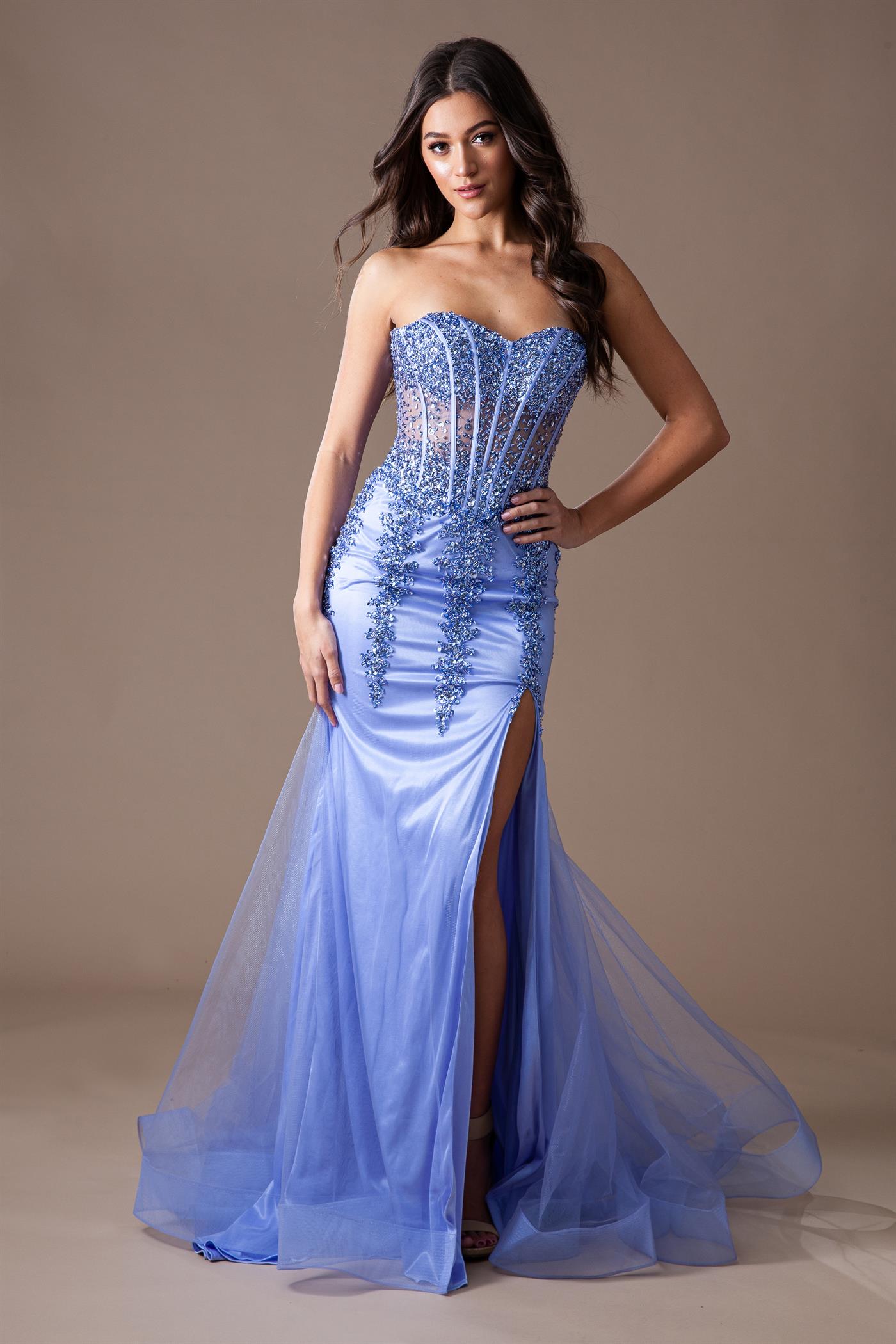 Sheer Embroidered Lace Side Slit Open Back Long Prom Dress AC7051