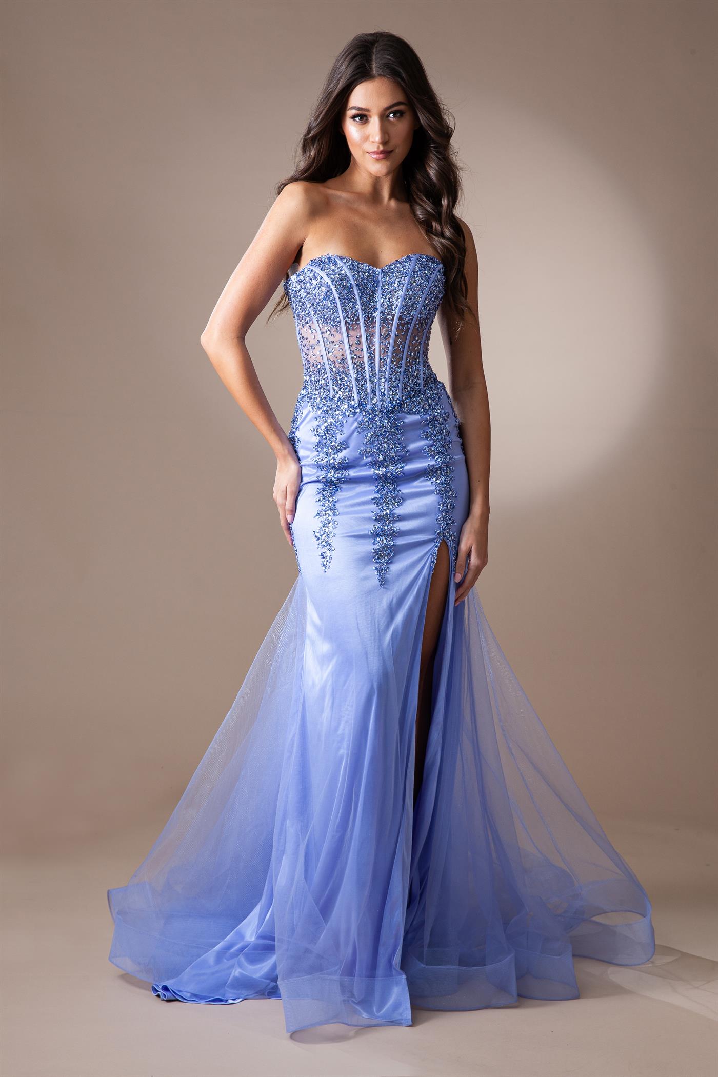 Sheer Embroidered Lace Side Slit Open Back Long Prom Dress AC7051
