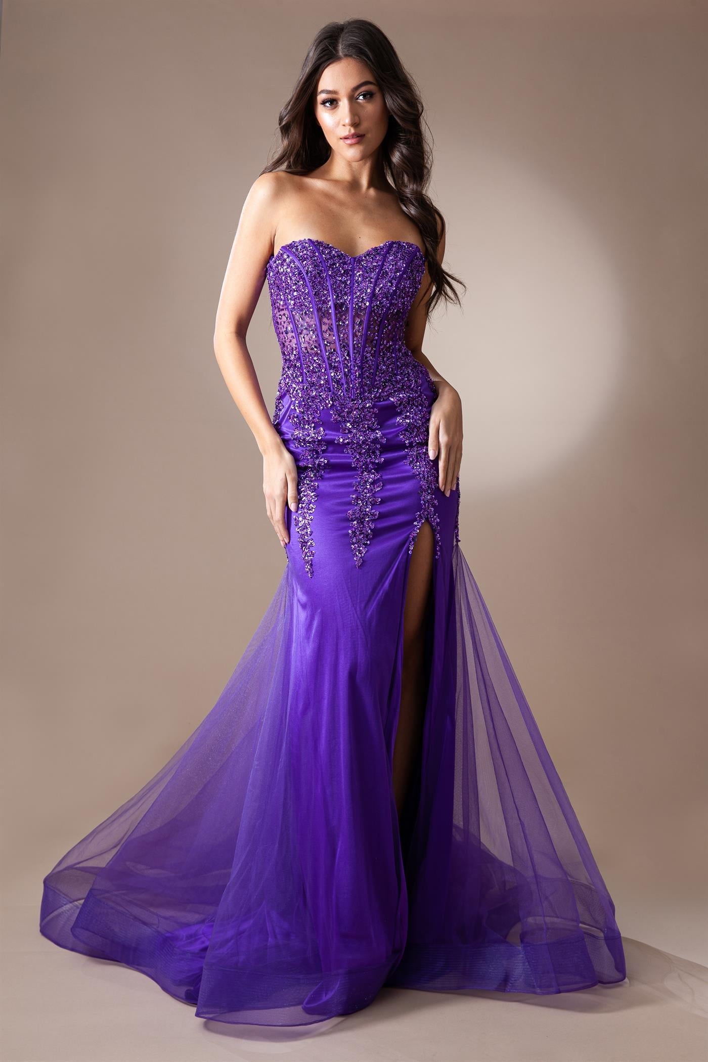 Sheer Embroidered Lace Side Slit Open Back Long Prom Dress AC7051