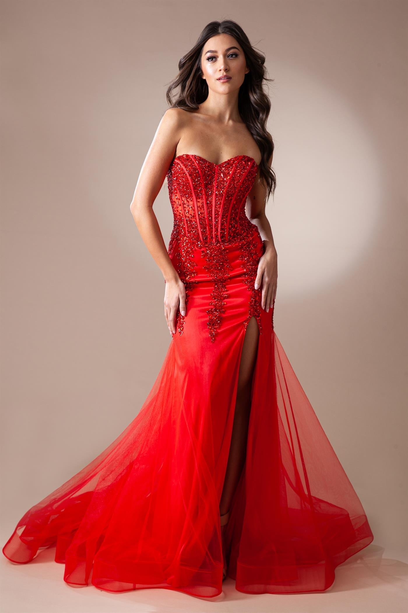 Sheer Embroidered Lace Side Slit Open Back Long Prom Dress AC7051
