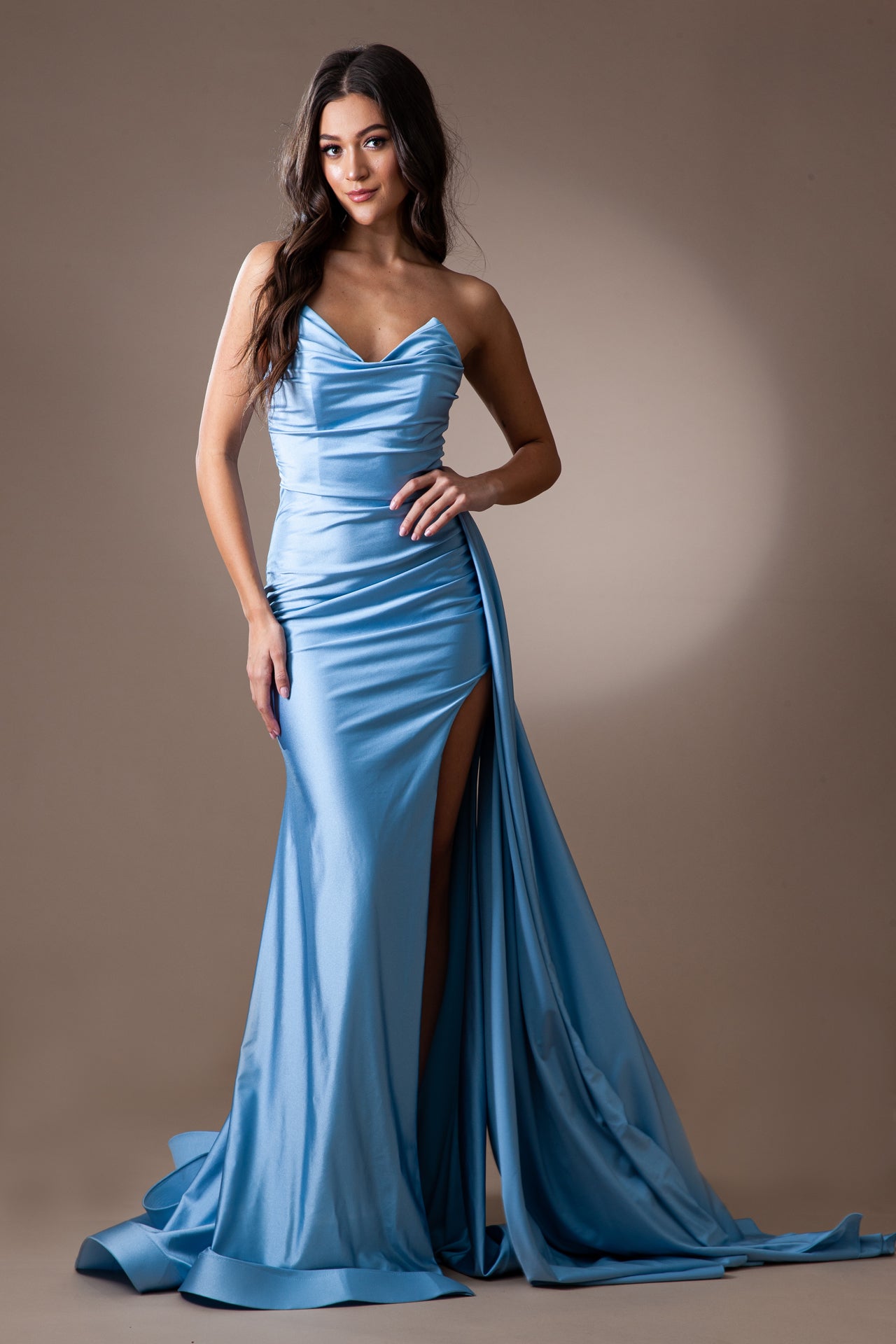 Cowl Neck Side Slit Spaghetti Straps Fitted Long Prom Dress AC3013