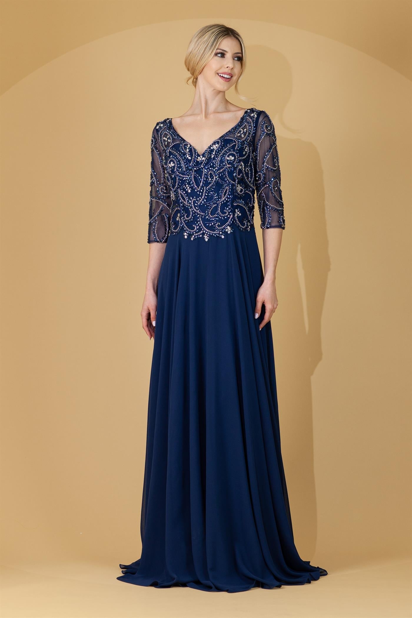 Sheer Sleeves V-Neck Embroidered Bodice Long Mother Of The Bride Dress AC7046