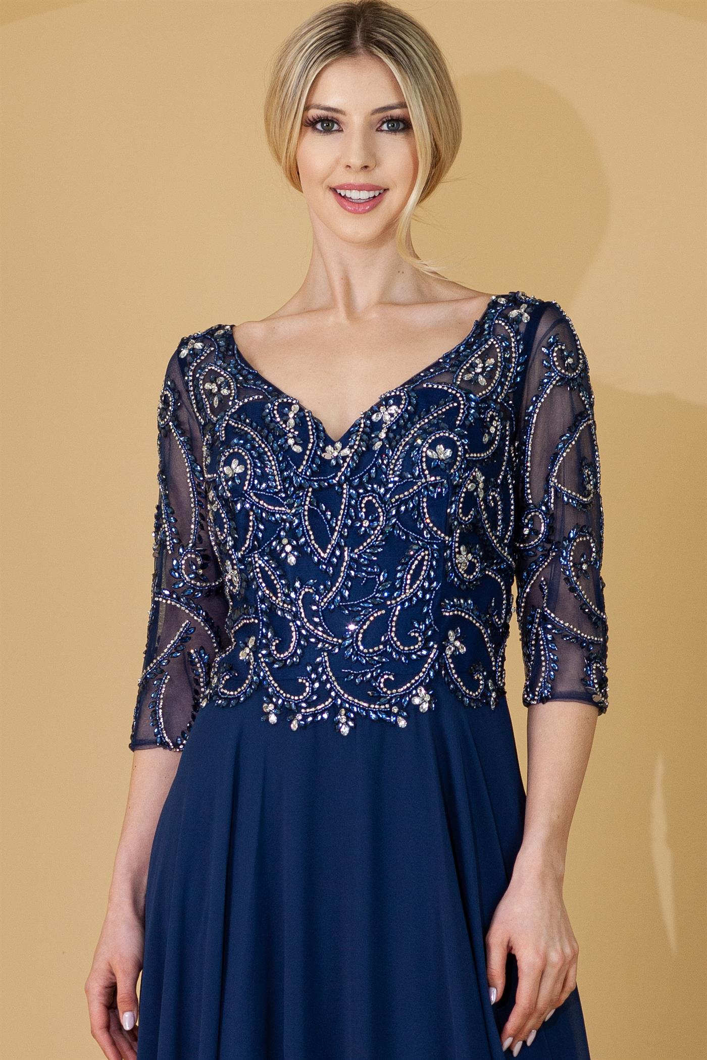 Sheer Sleeves V-Neck Embroidered Bodice Long Mother Of The Bride Dress AC7046