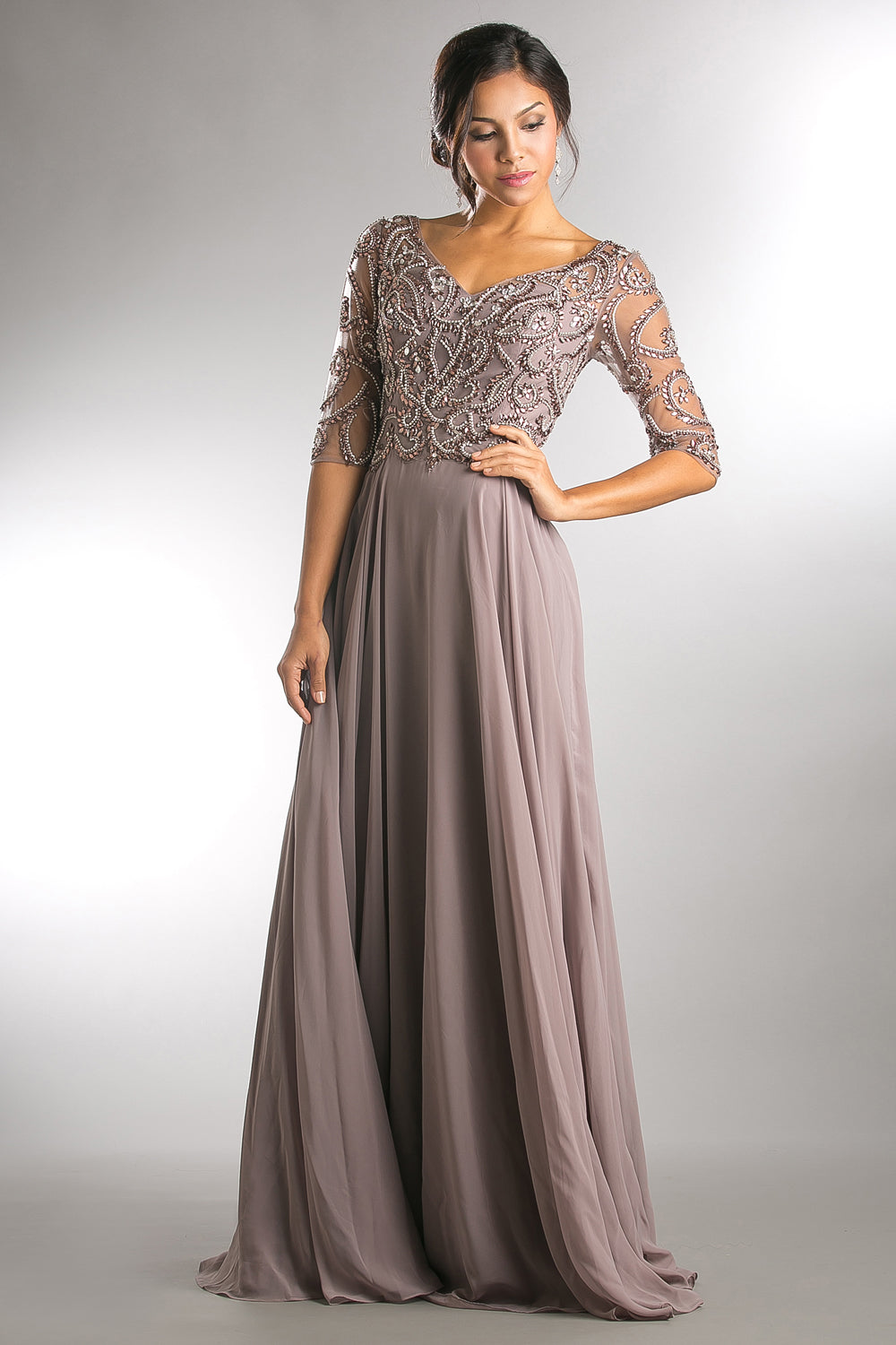 Sheer Sleeves V-Neck Embroidered Bodice Long Mother Of The Bride Dress AC7046